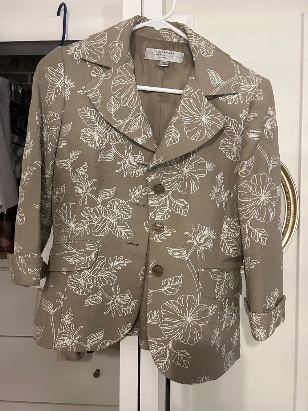 Tahari Taupe Blazer with White Floral Embroidery